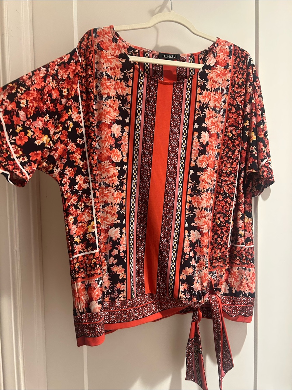 Roz & Ali Coral and Black Floral Open-Front Tunic with Tie Hem